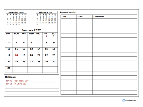 2027 Monthly Appointment Calendar