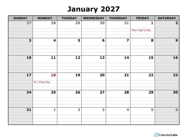 2027 Monthly Calendar with Daily Notes