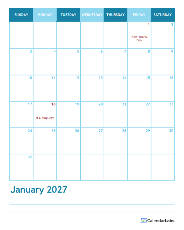 2027 Monthly Word Calendar Template Portrait
