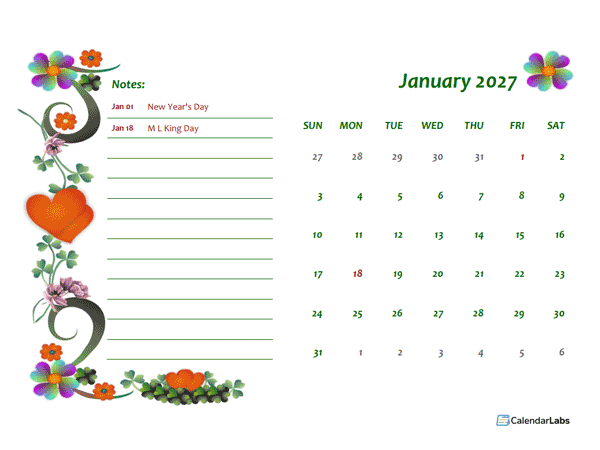 2027 Monthly Calendar Template Design
