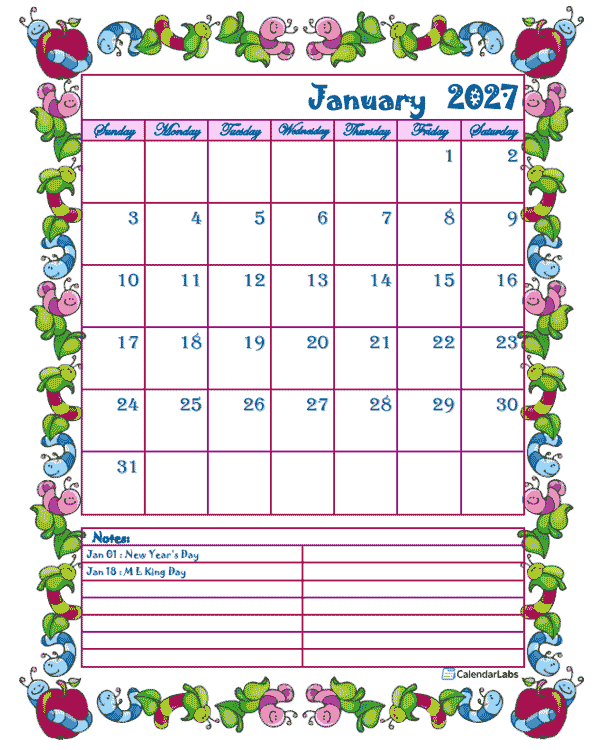 2027 Monthly Kid KIndergarten Calendar Template