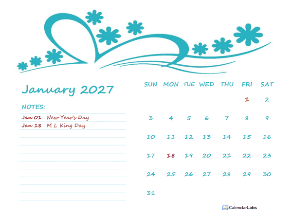 2027 Monthly Calendar Template Kindergarten