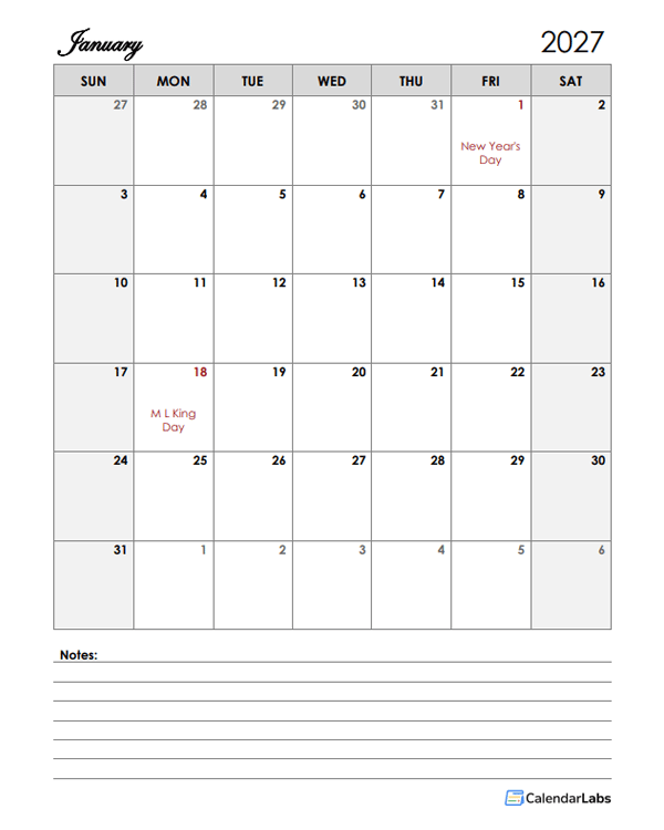 2027 Calendar Template Large Boxes