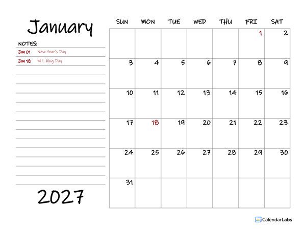 2027 Calendar Template with Monthly Notes