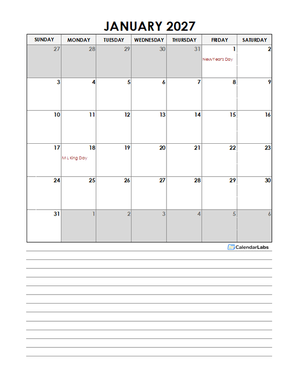 2027 Monthly Excel Template Calendar