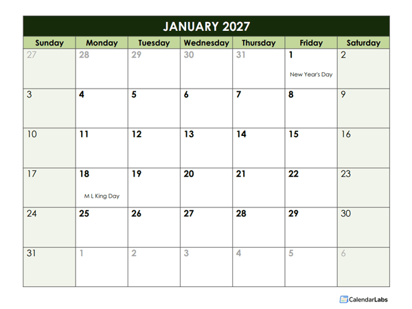 2027 Monthly Google Docs Calendar Template