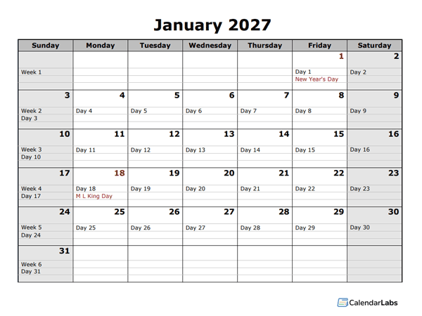 2027 Monthly Julian Calendar Landscape