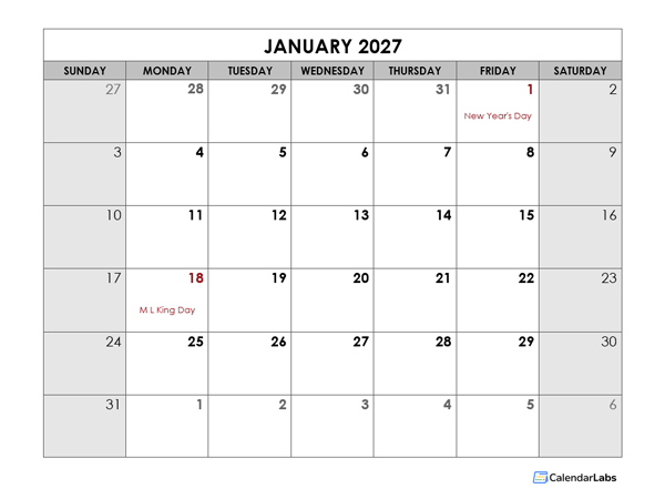 2027 Monthly Large Calendar Holidays