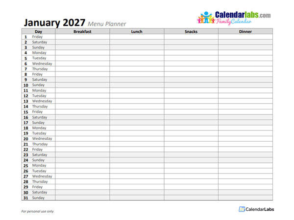 2027 Monthly Menu Planner