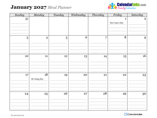 2027 Monthly Menu Planner