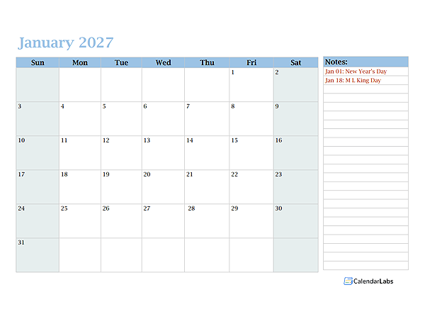 2027 Monthly OneNote Calendar