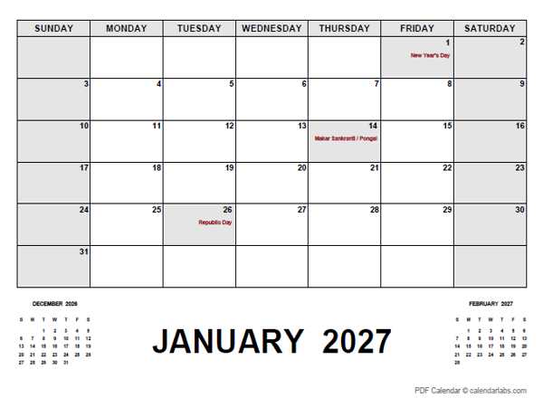 2027 Monthly Planner with India Holidays