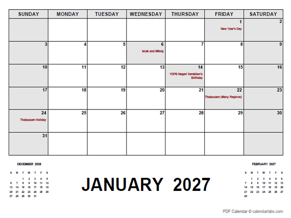 2027 Monthly Planner with Malaysia Holidays