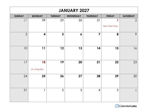 2027 Monthly US Holidays LibreOffice Calendar
