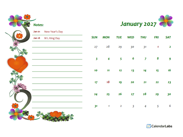 2027 Monthly Word Calendar Design Template