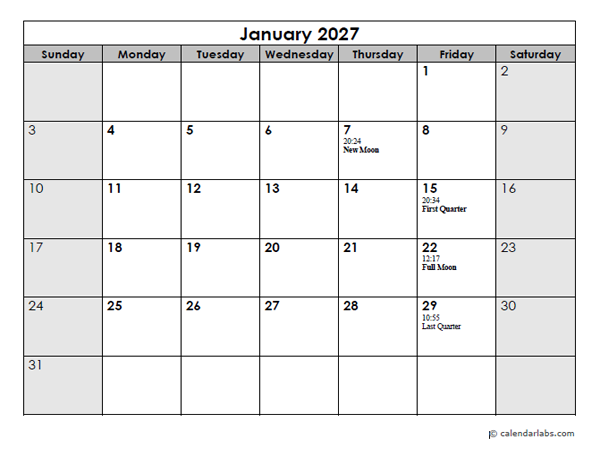 2027 Moon Phases Calendar With Days