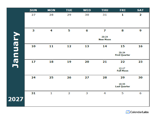 2027 Moon Cycle Calendar Template