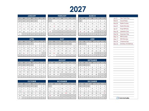 2027 Netherlands Annual Calendar with Holidays