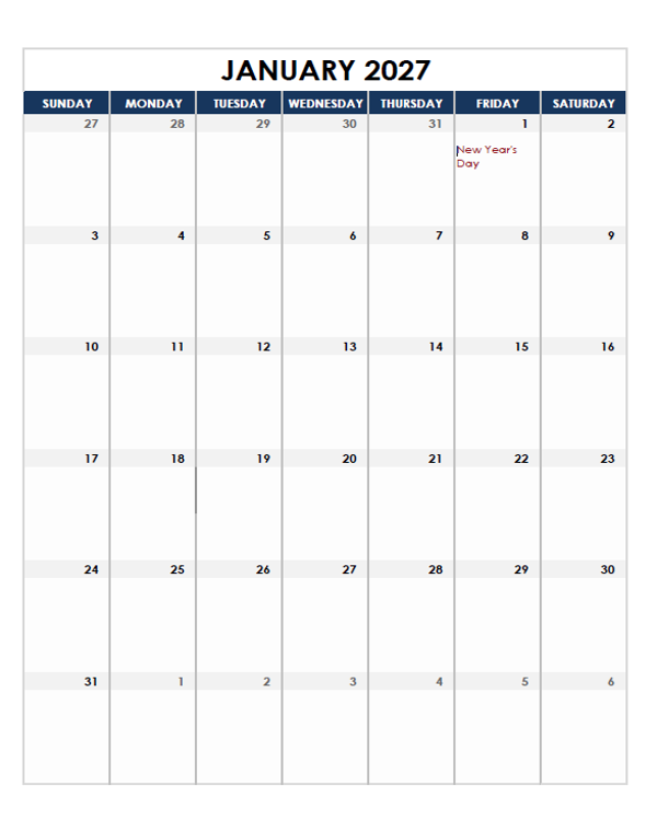 2027 Netherlands Calendar Spreadsheet Template