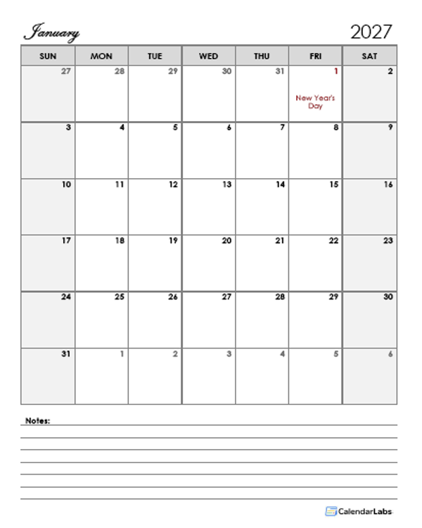 2027 Netherlands Calendar Template Large Boxes