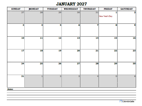 2027 Netherlands Monthly Calendar with Notes