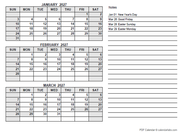 2027 Netherlands Quarterly Calendar with Holidays