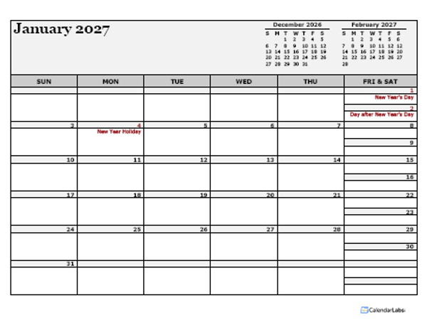 2027 New Zealand Calendar For Vacation Tracking