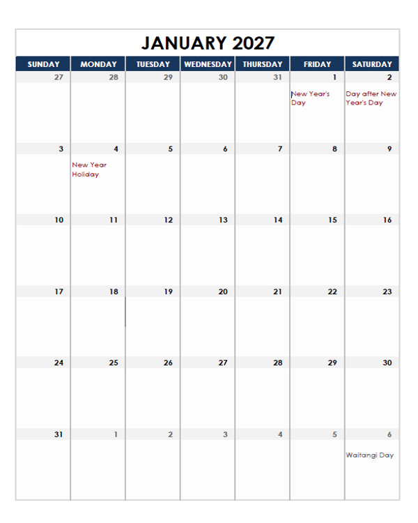 2027 New Zealand Calendar Spreadsheet Template