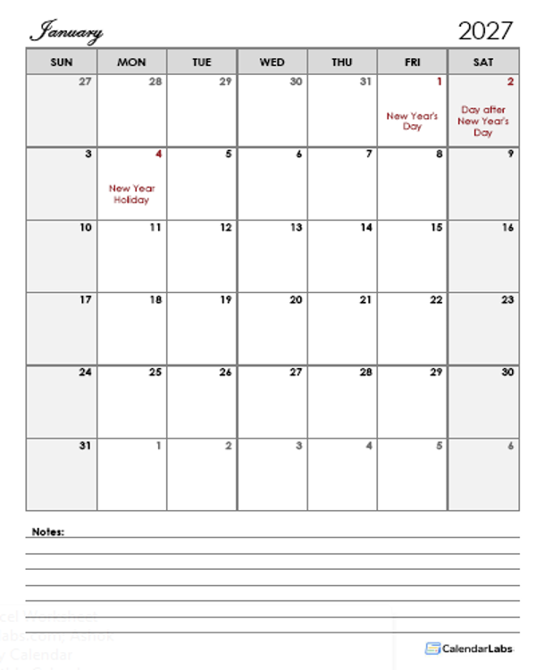 2027 New Zealand Calendar Template Large Boxes