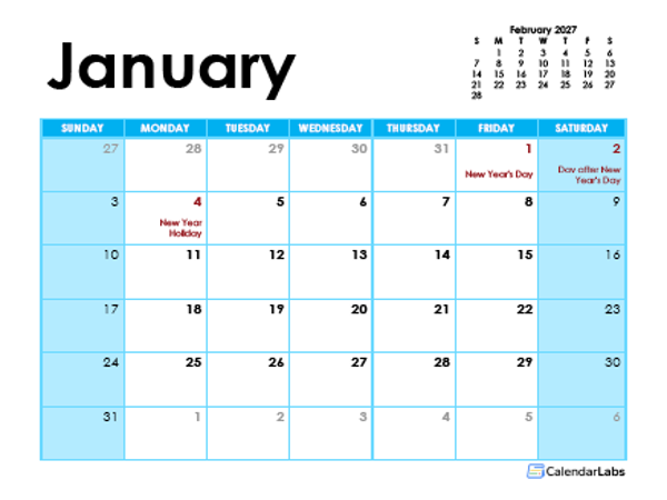 2027 New Zealand Monthly Calendar Colorful Design