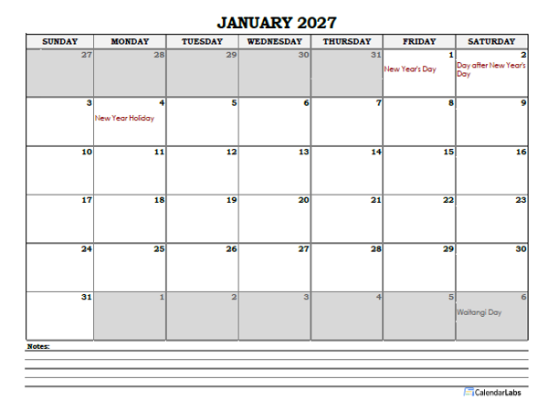 2027 New Zealand Monthly Calendar with Notes