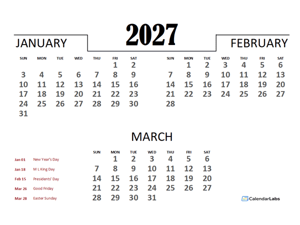 2027 Numbers Calendar with Holidays