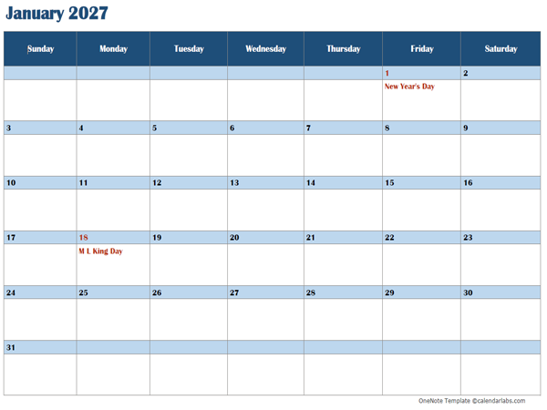 2027 OneNote Calendar Template