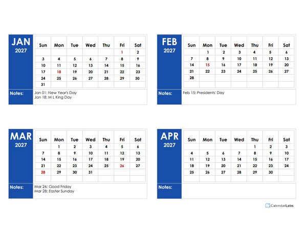 2027 OneNote Calendar With Holidays