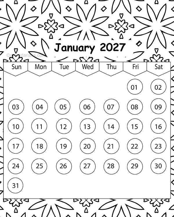 2027 Pattern Coloring Calendar Printable