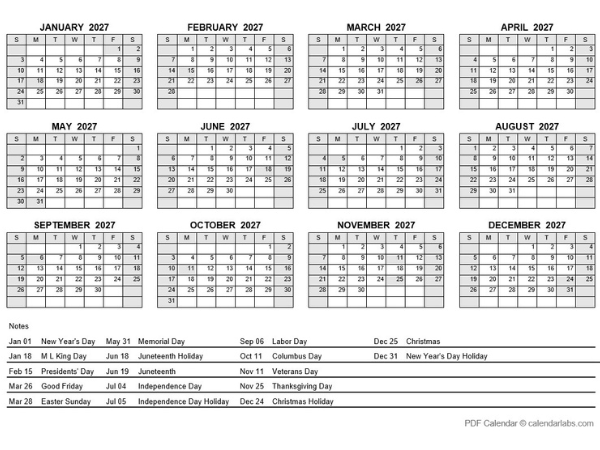 2027 PDF Yearly Calendar With Holidays
