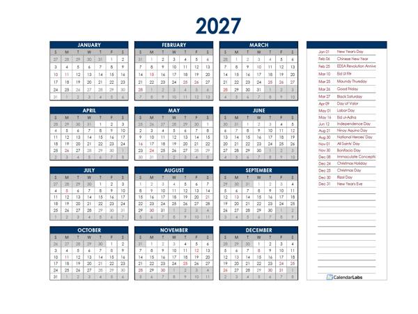 2027 Philippines Annual Calendar with Holidays