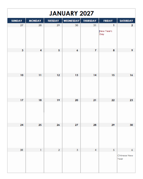 2027 Philippines Calendar Spreadsheet Template