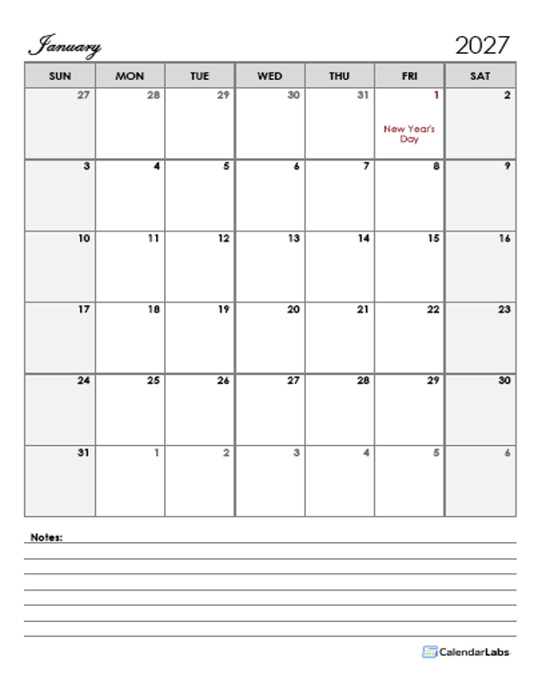 2027 Philippines Calendar Template Large Boxes