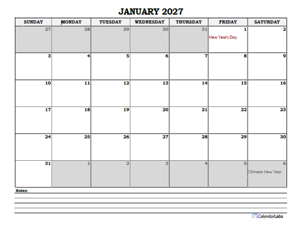 2027 Philippines Monthly Calendar with Notes