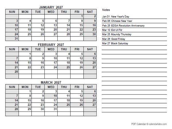 2027 Philippines Quarterly Calendar with Holidays