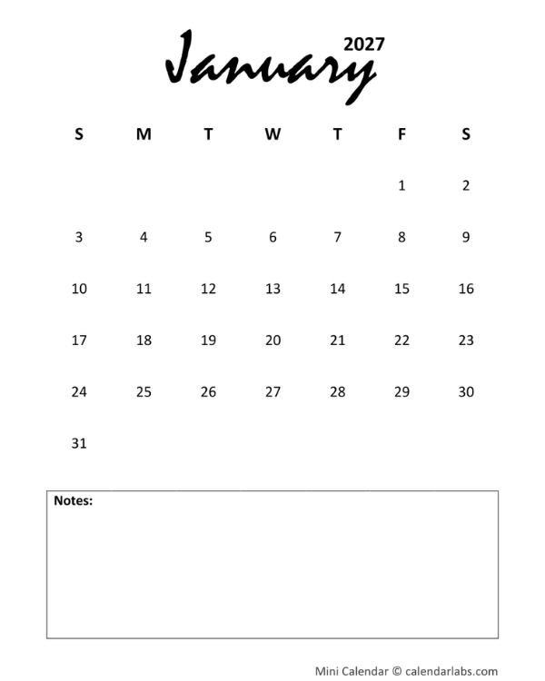 2027 Portrait Mini Calendar Printable