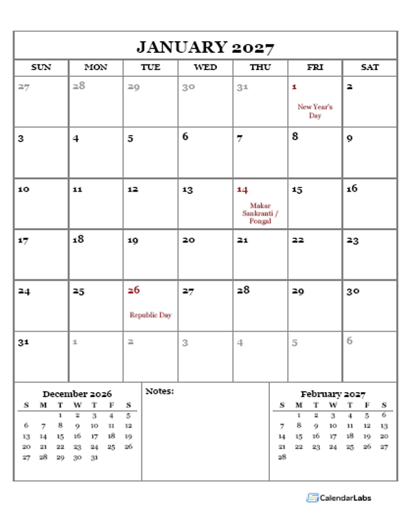2027 Printable Calendar with India Holidays
