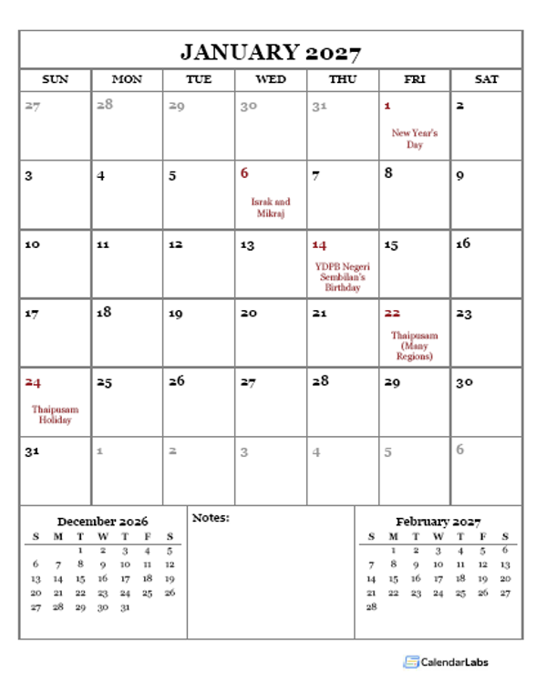 2027 Printable Calendar with Malaysia Holidays