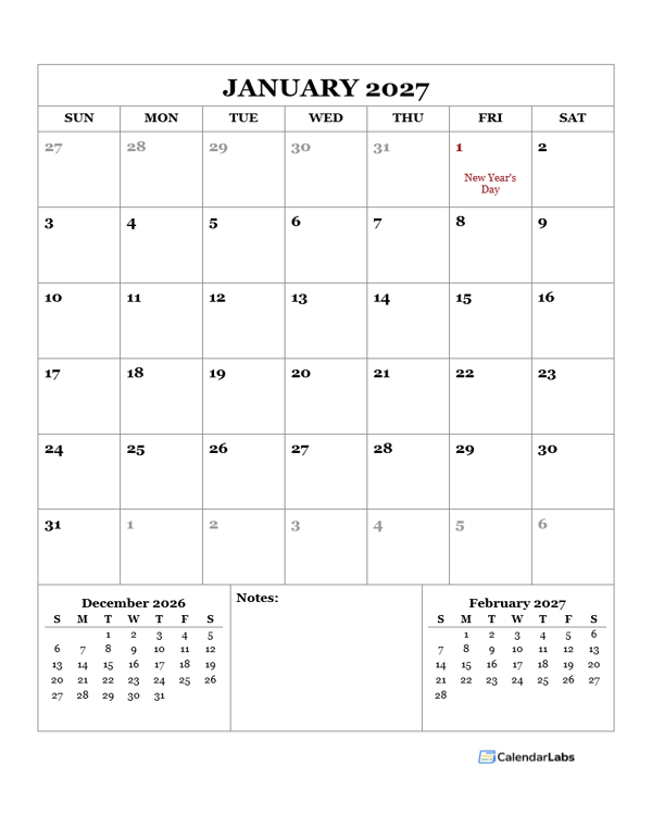 2027 Printable Calendar with Mexico Holidays