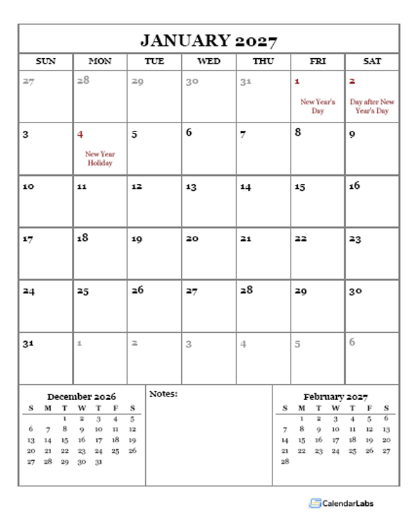 2027 Printable Calendar with New Zealand Holidays