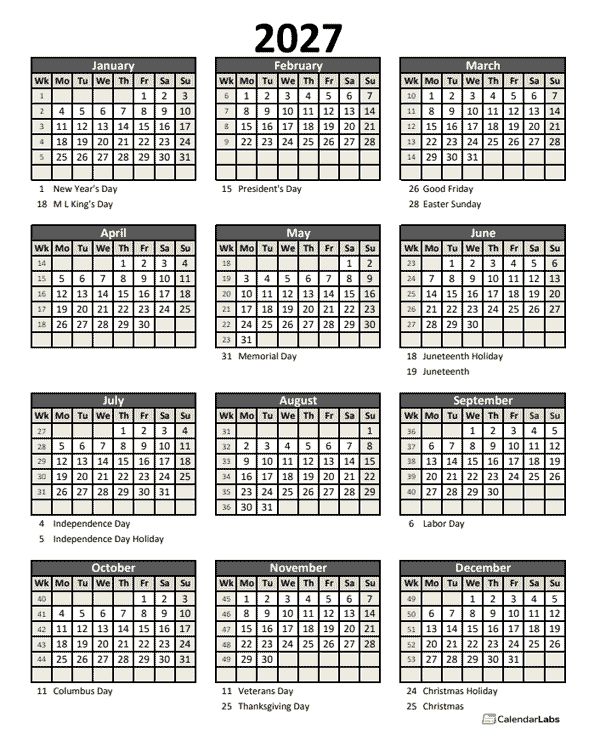 2027 Printable Calendar With Holidays