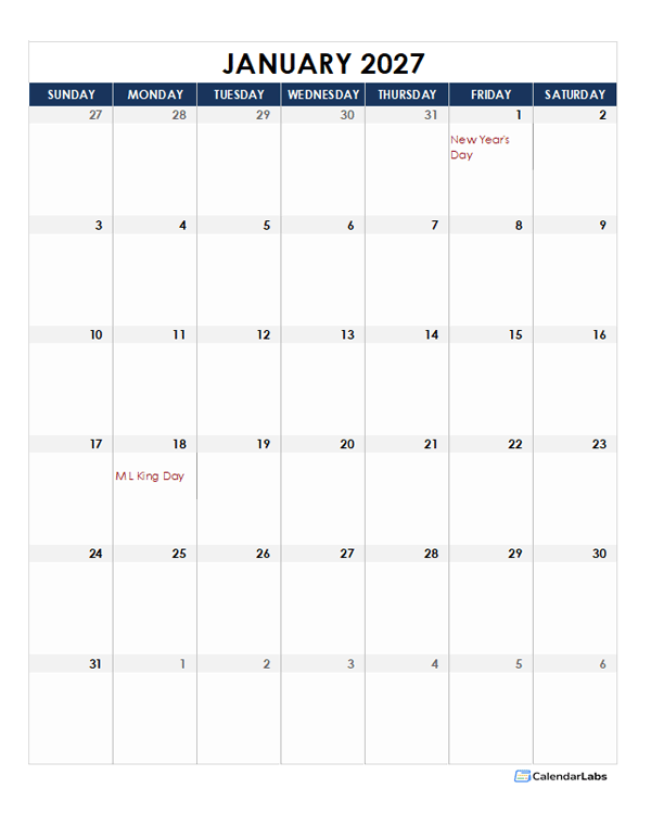 2027 Printable Calendar With large Boxes