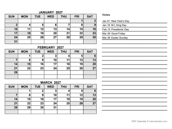 2027 Printable Calendar With Notes