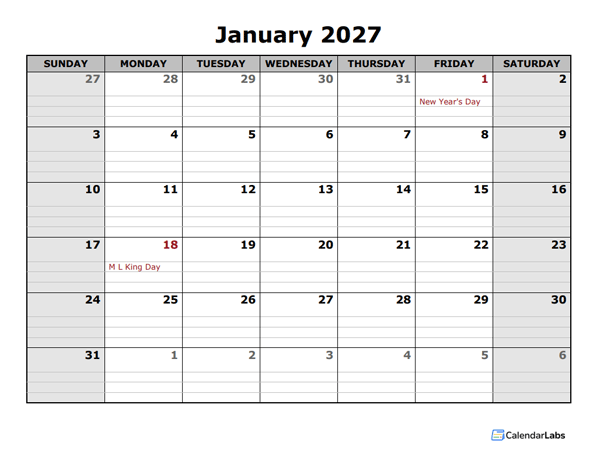 2027 Printable Landscape Monthly Calendar